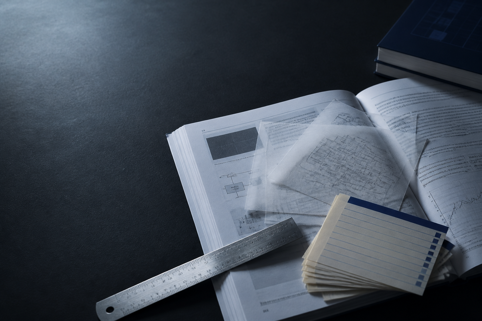 Technical papers and reference notes on a dark desk.